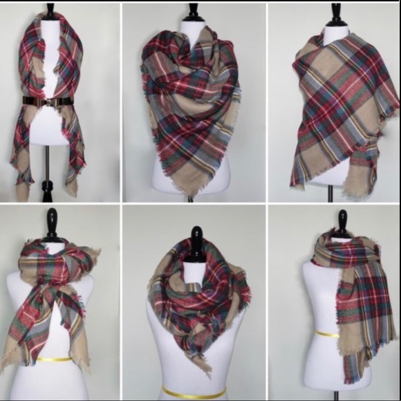 Multi Plaid Flannel Blanket Scarf Red Green Blue 100% Acrylic - Picture 11 of 11